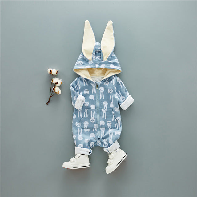 Bunny Printed Bodysuit With Ears on Hoodie